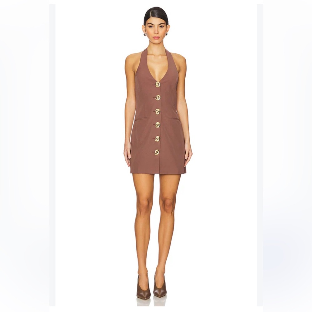 The wolf gang Irida vest mini dress chocolate brown gold tone buttons S new